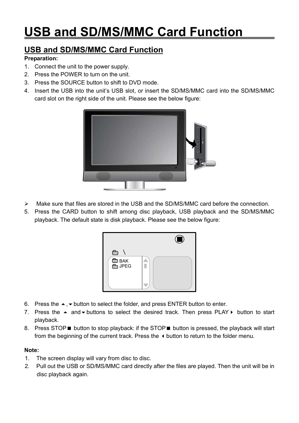 Usb and sd/ms/mmc card function | Audiovox FPE1906DV User Manual | Page 33 / 44