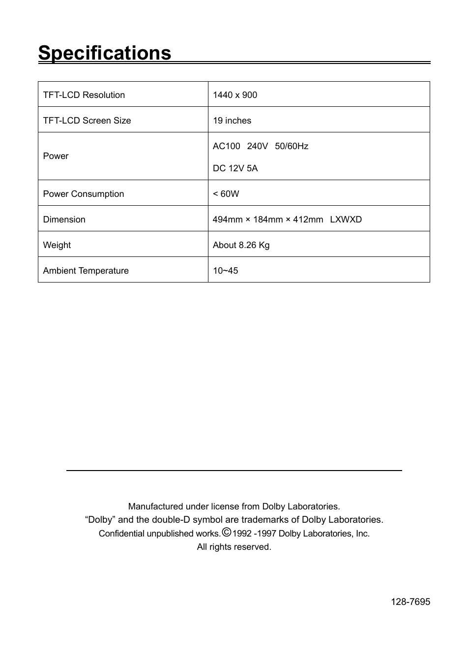 Specifications | Audiovox FPE1906DV User Manual | Page 44 / 44