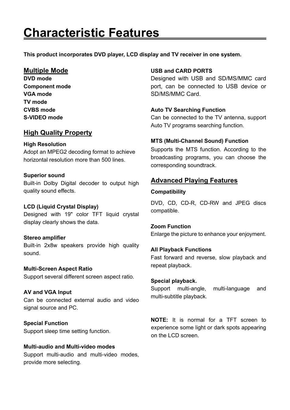 Characteristic features | Audiovox FPE1906DV User Manual | Page 5 / 44