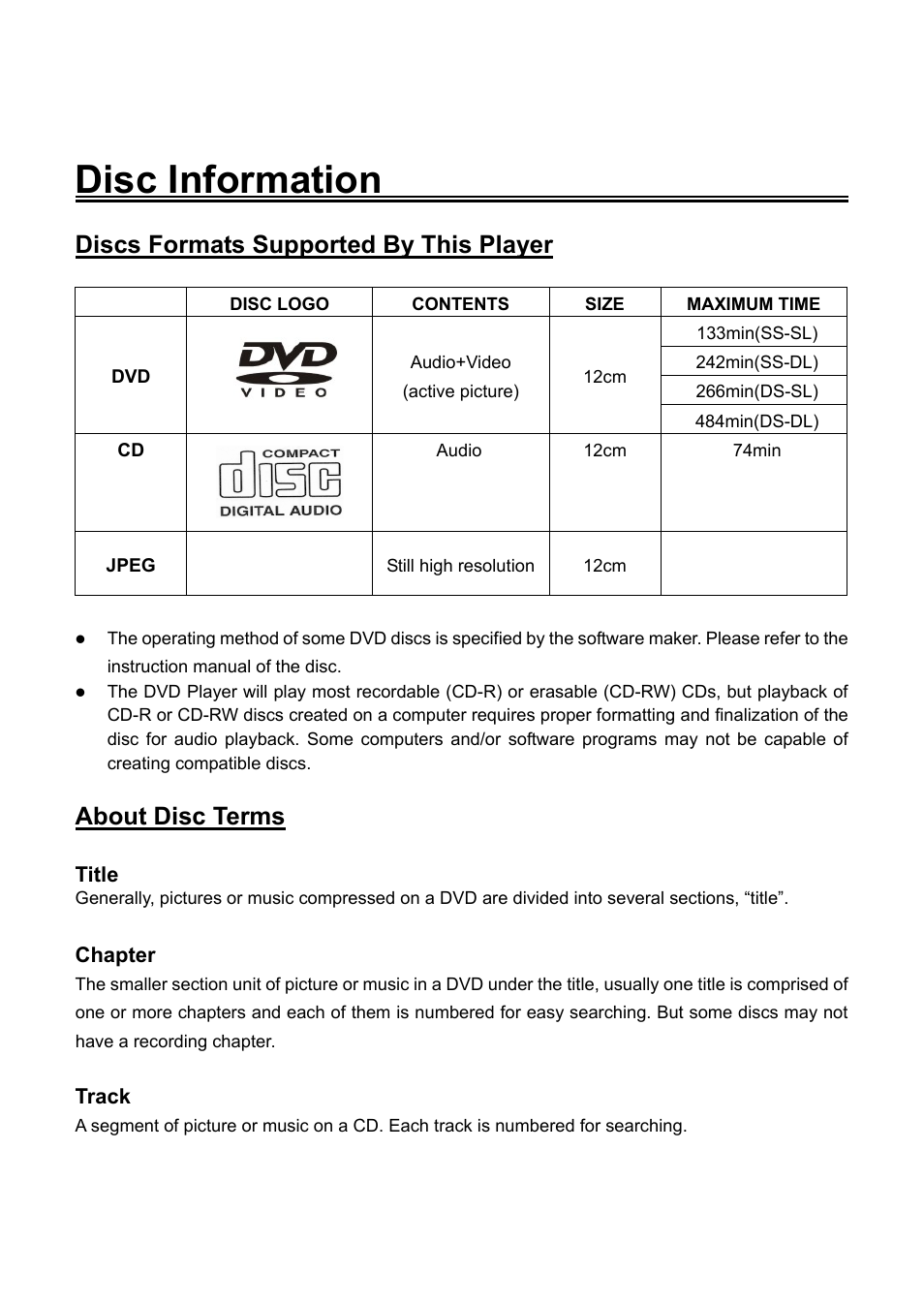 Disc information, Discs formats supported by this player, About disc terms | Audiovox FPE1906DV User Manual | Page 6 / 44