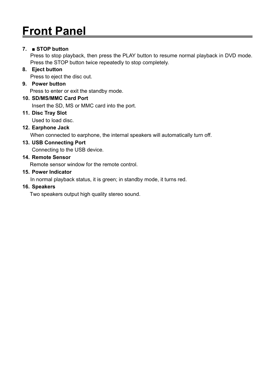 Front panel | Audiovox FPE1906DV User Manual | Page 8 / 44