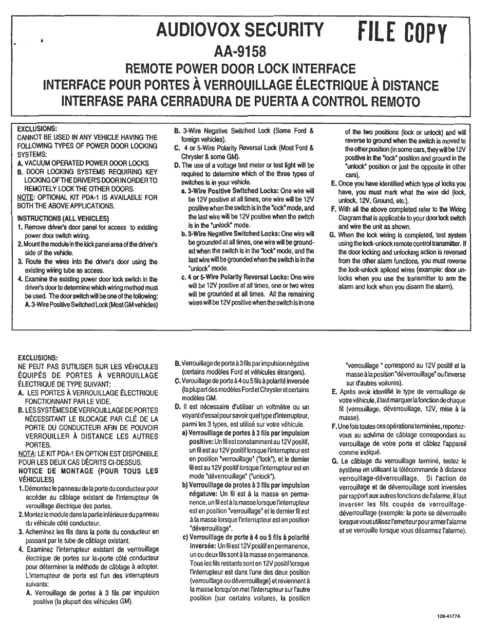 Audiovox AA-9158 User Manual | 3 pages