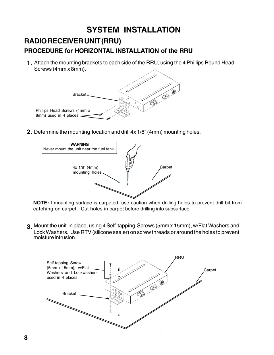 System installation, Radio receiver unit (rru), Procedure for horizontal installation of the rru | Audiovox XM-RCV User Manual | Page 8 / 12