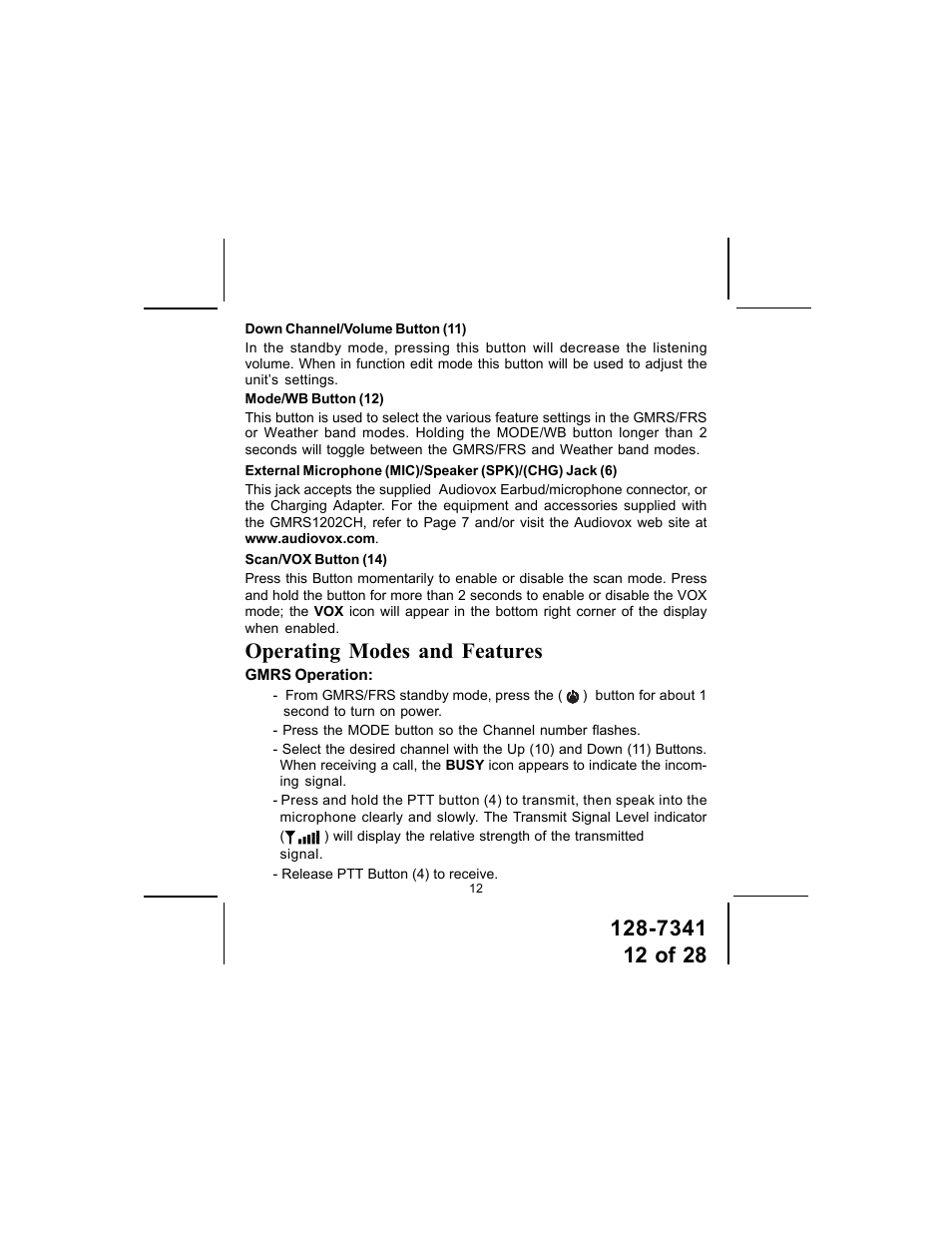 Operating modes and features | Audiovox GMRS1202CH User Manual | Page 12 / 28