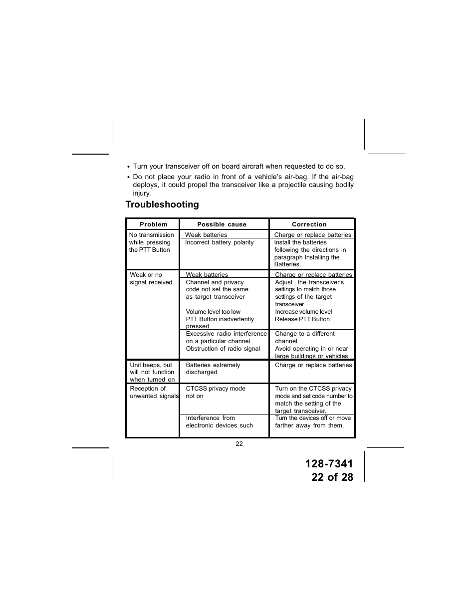 Troubleshooting | Audiovox GMRS1202CH User Manual | Page 22 / 28