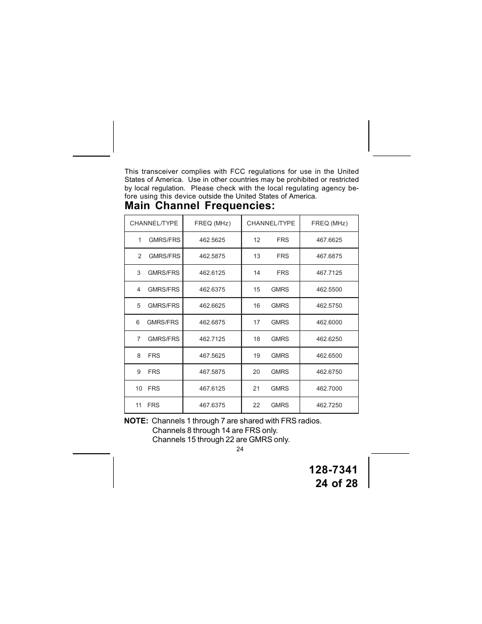 Main channel frequencies | Audiovox GMRS1202CH User Manual | Page 24 / 28