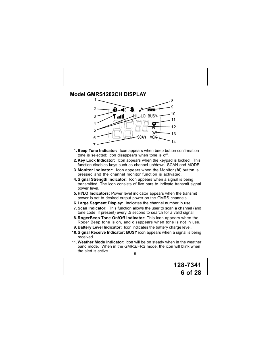 Model gmrs1202ch display | Audiovox GMRS1202CH User Manual | Page 6 / 28