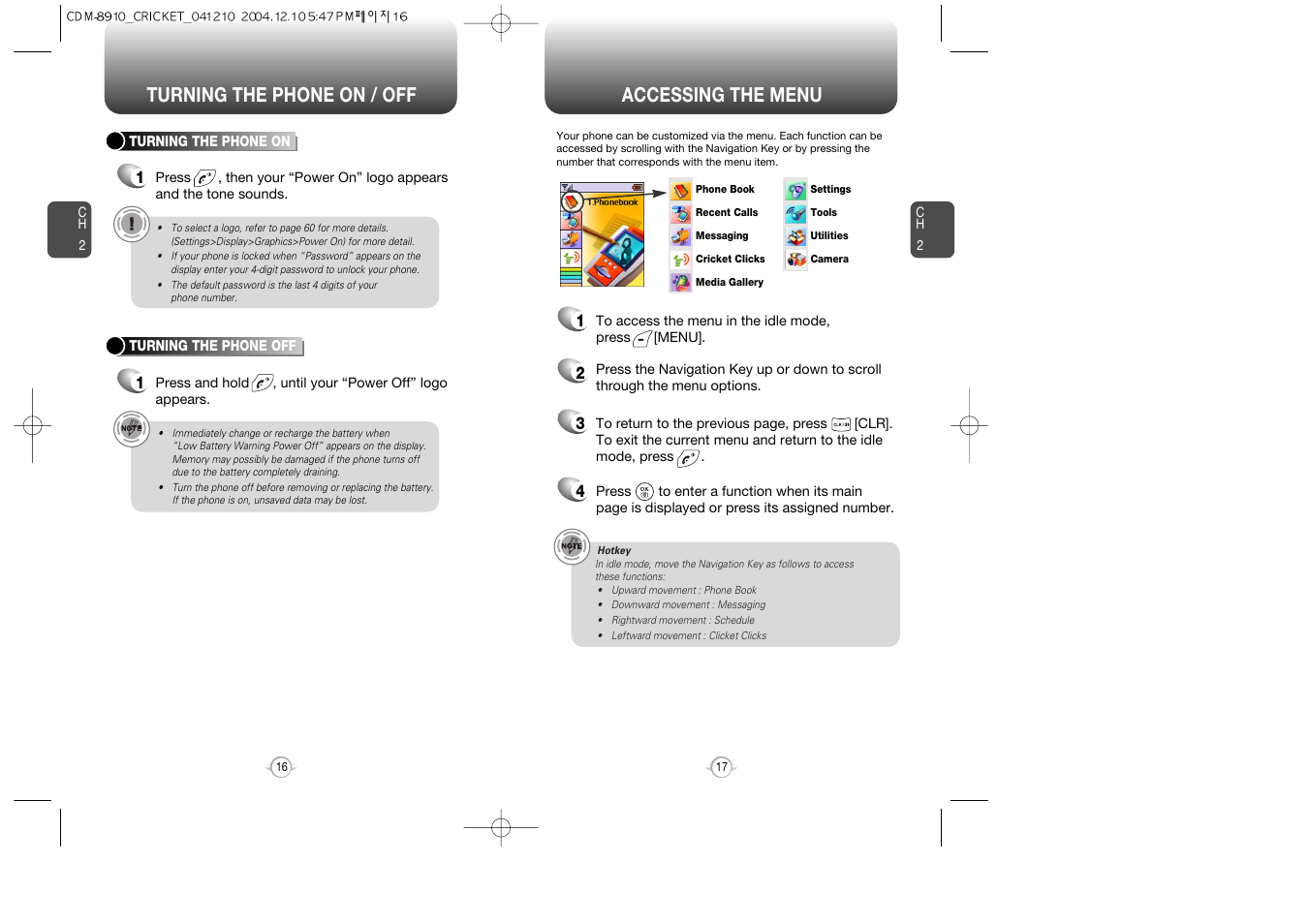 Accessing the menu, Turning the phone on / off | Audiovox CDM-89100C User Manual | Page 10 / 68