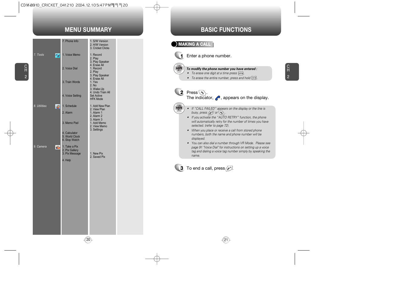 Menu summary, Basic functions | Audiovox CDM-89100C User Manual | Page 12 / 68