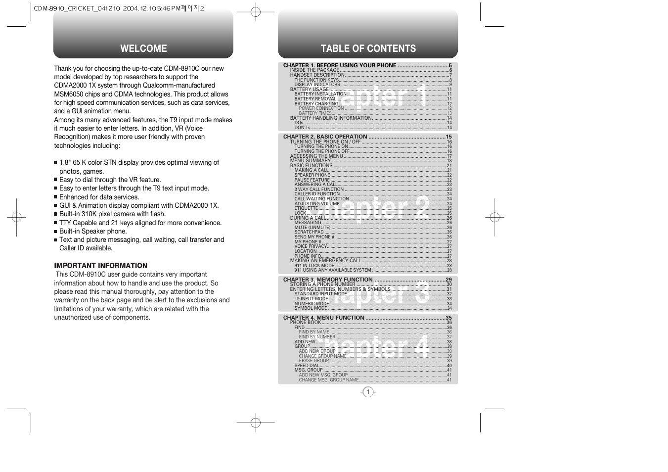 Chapter 1 chapter 2 chapter 3 chapter 4 | Audiovox CDM-89100C User Manual | Page 2 / 68