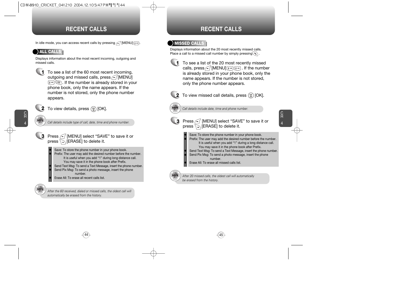 Recent calls | Audiovox CDM-89100C User Manual | Page 24 / 68