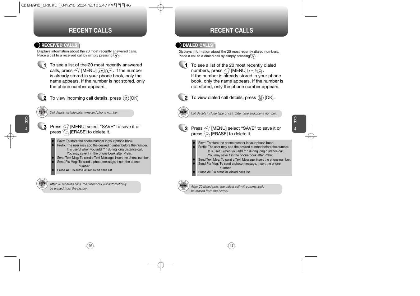 Recent calls | Audiovox CDM-89100C User Manual | Page 25 / 68