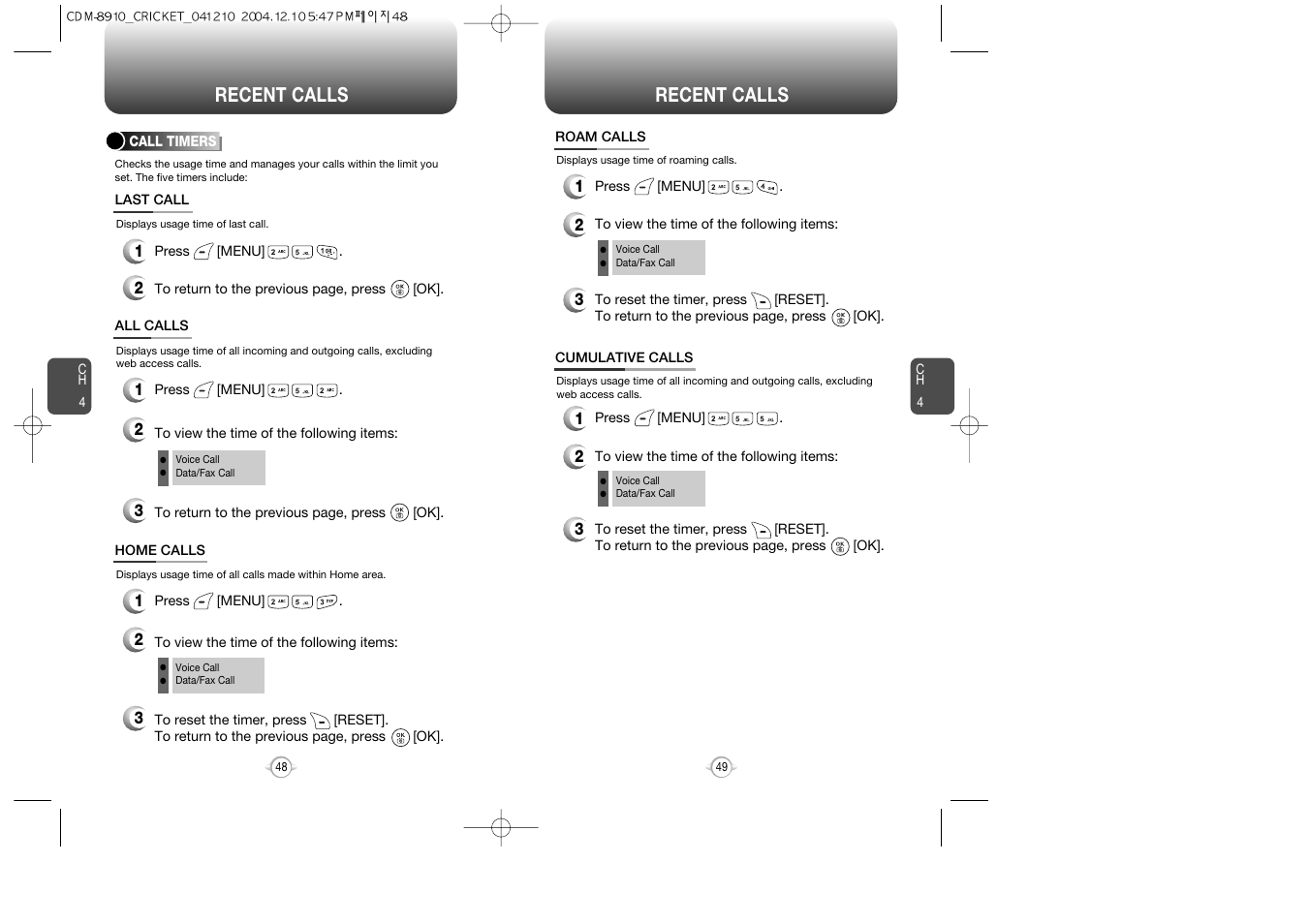 Recent calls | Audiovox CDM-89100C User Manual | Page 26 / 68