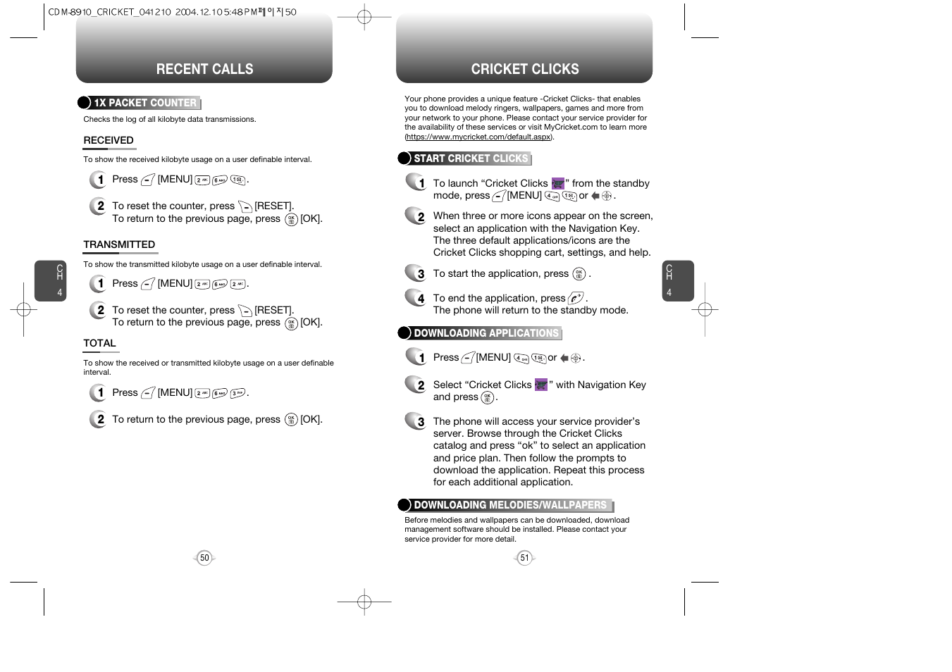 Recent calls, Cricket clicks | Audiovox CDM-89100C User Manual | Page 27 / 68