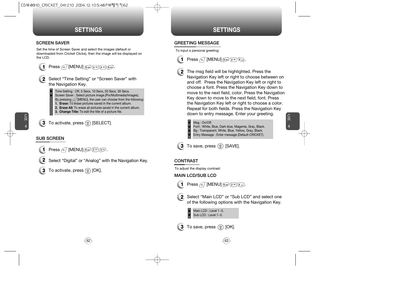 Settings | Audiovox CDM-89100C User Manual | Page 33 / 68