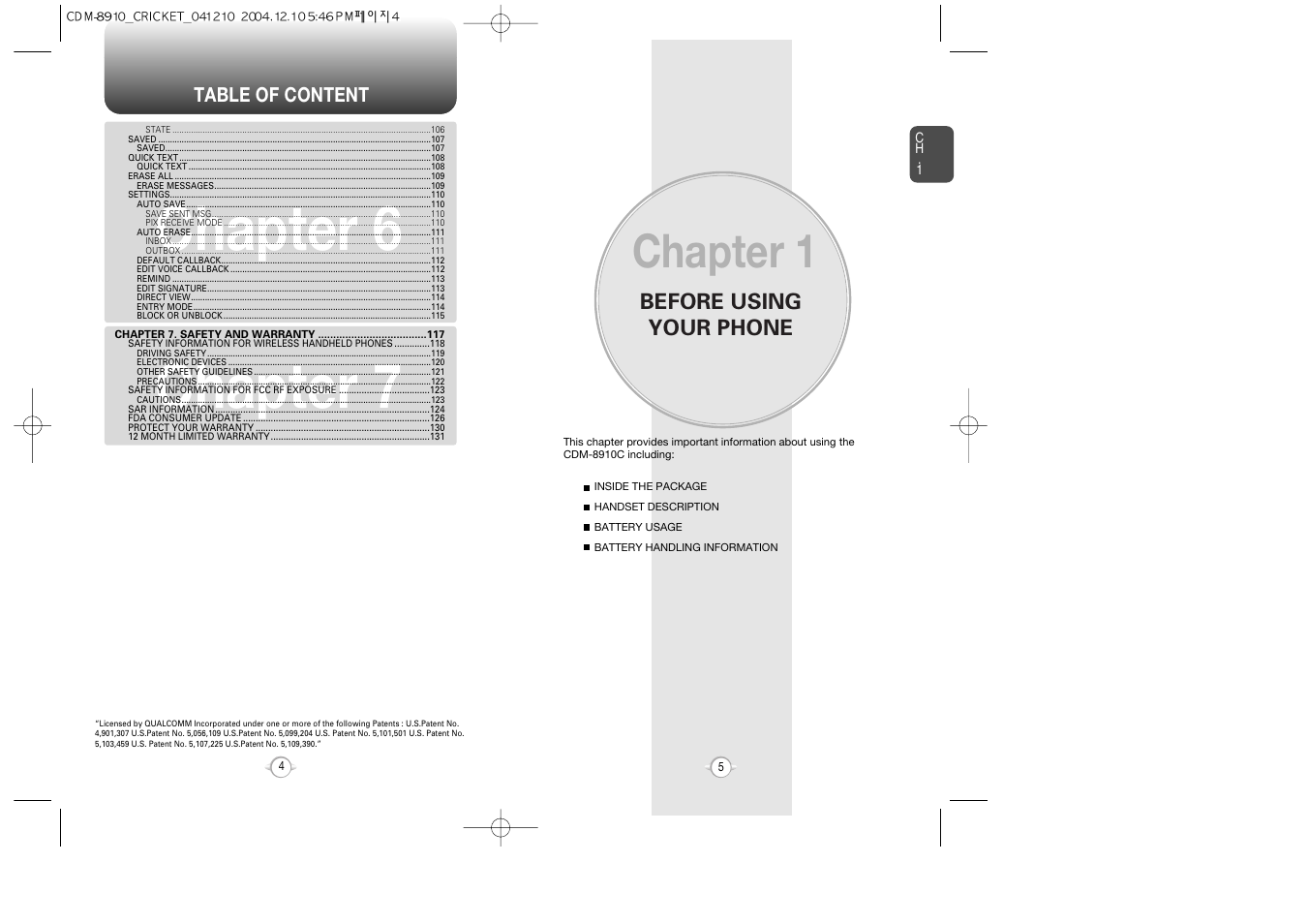 Chapter 6 chapter 7, Chapter 1, Before using your phone | Table of content | Audiovox CDM-89100C User Manual | Page 4 / 68