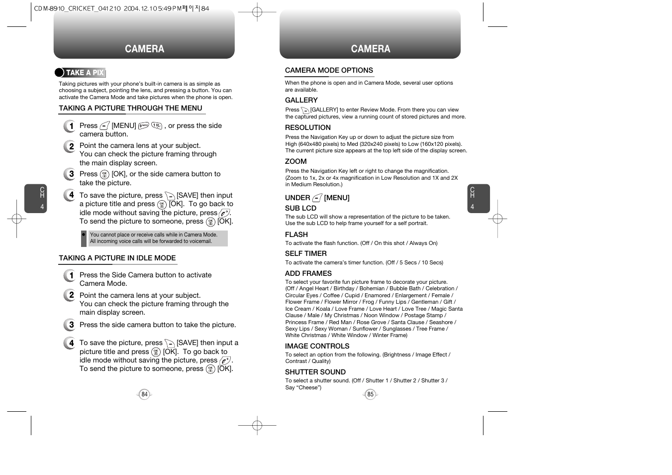 Camera | Audiovox CDM-89100C User Manual | Page 44 / 68