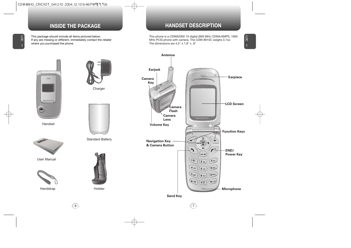 Handset description, Inside the package | Audiovox CDM-89100C User Manual | Page 5 / 68