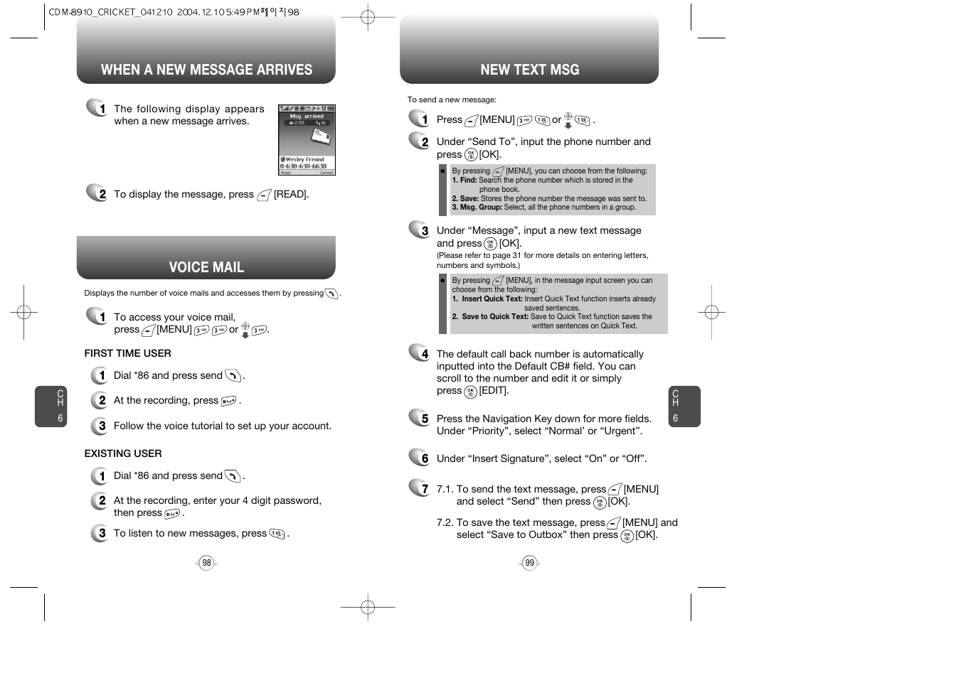Voice mail, When a new message arrives new text msg | Audiovox CDM-89100C User Manual | Page 51 / 68