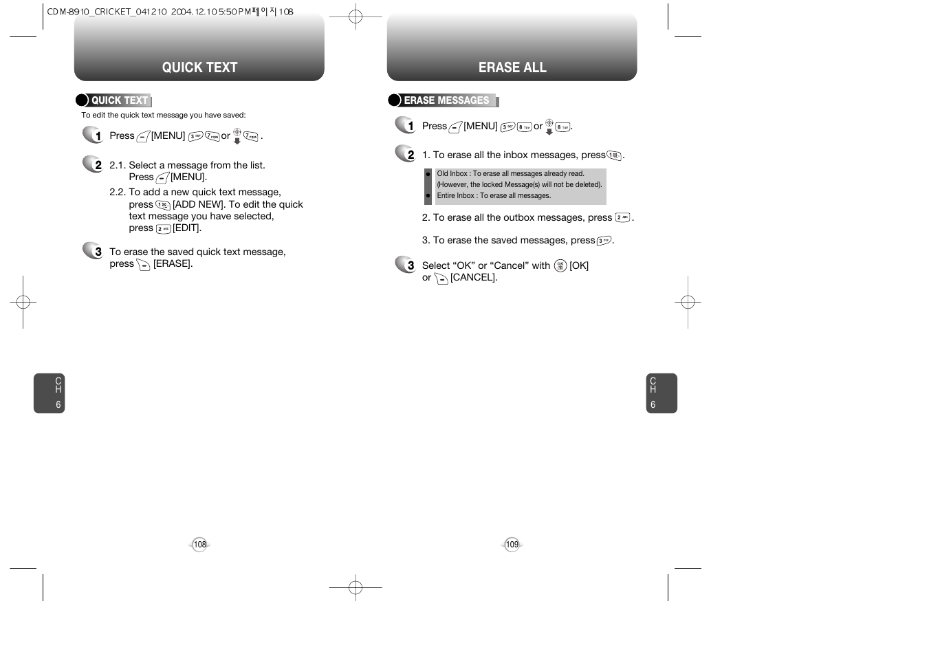 Erase all quick text | Audiovox CDM-89100C User Manual | Page 56 / 68