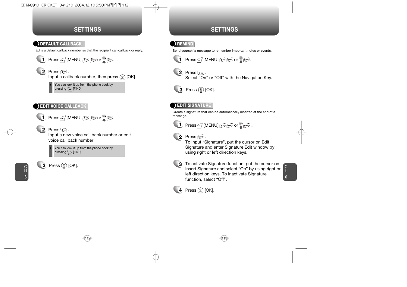 Settings | Audiovox CDM-89100C User Manual | Page 58 / 68
