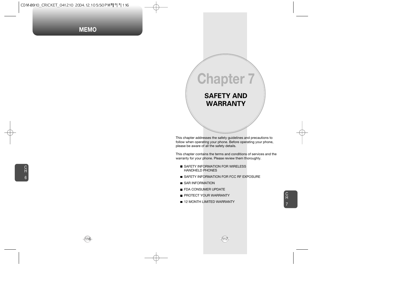 Chapter 7, Safety and warranty | Audiovox CDM-89100C User Manual | Page 60 / 68