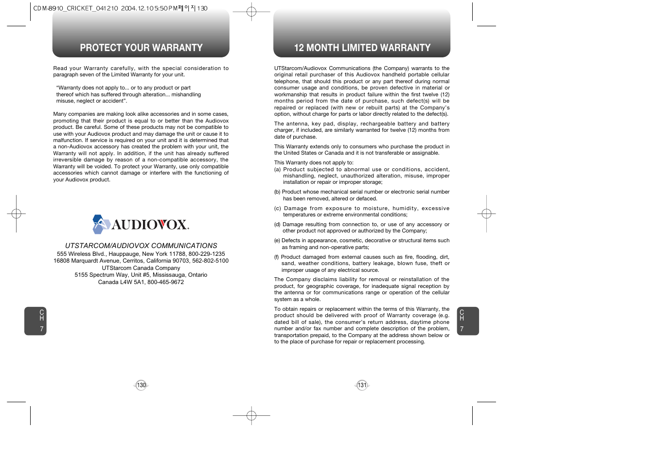 Protect your warranty 12 month limited warranty | Audiovox CDM-89100C User Manual | Page 67 / 68