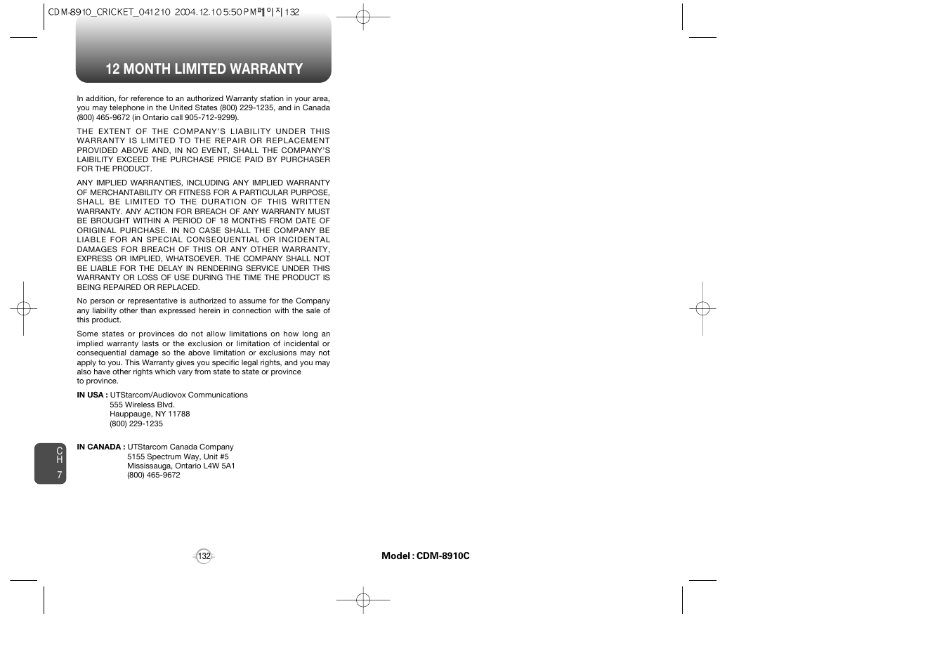 12 month limited warranty | Audiovox CDM-89100C User Manual | Page 68 / 68
