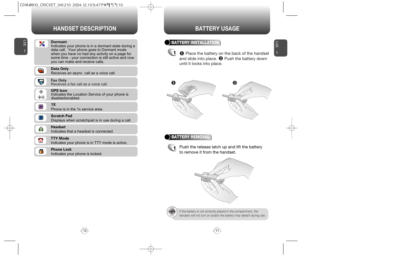 Handset description battery usage | Audiovox CDM-89100C User Manual | Page 7 / 68