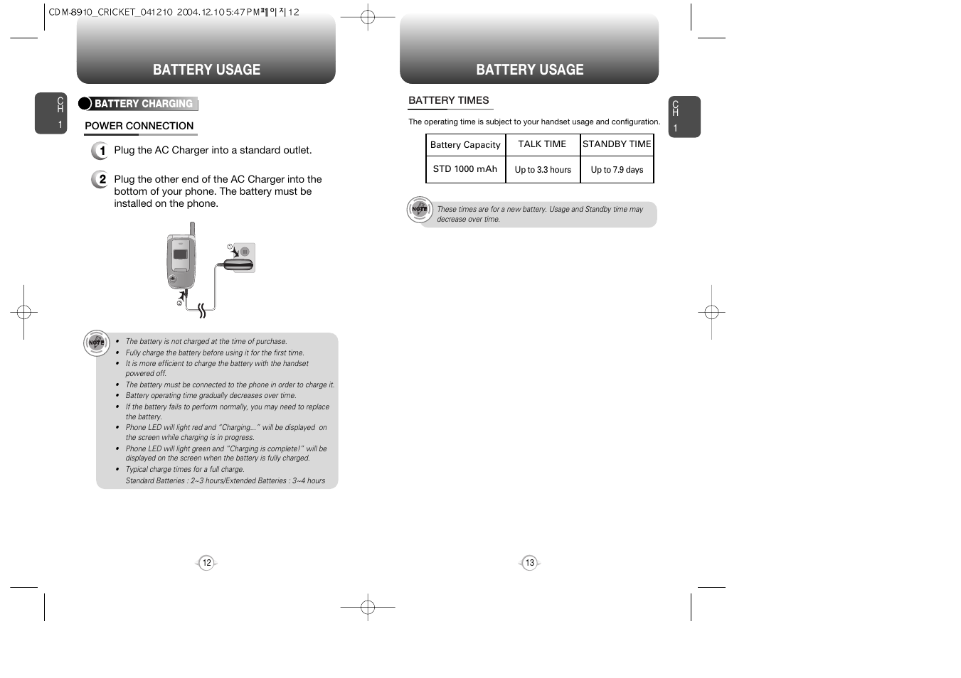 Battery usage | Audiovox CDM-89100C User Manual | Page 8 / 68