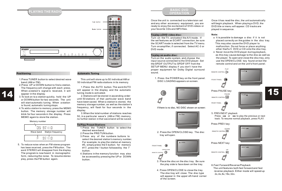 Power, Playing the radio, Basic dvd operation | Audiovox JHT350 User Manual | Page 15 / 15