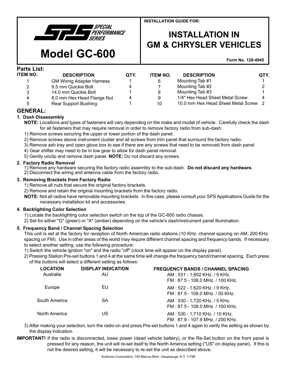 Audiovox SPS GC-600 User Manual | 2 pages