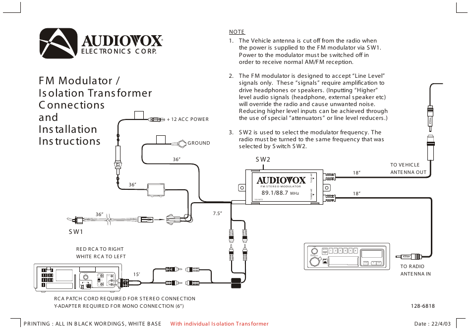 Audiovox FM Modulator User Manual | 1 page