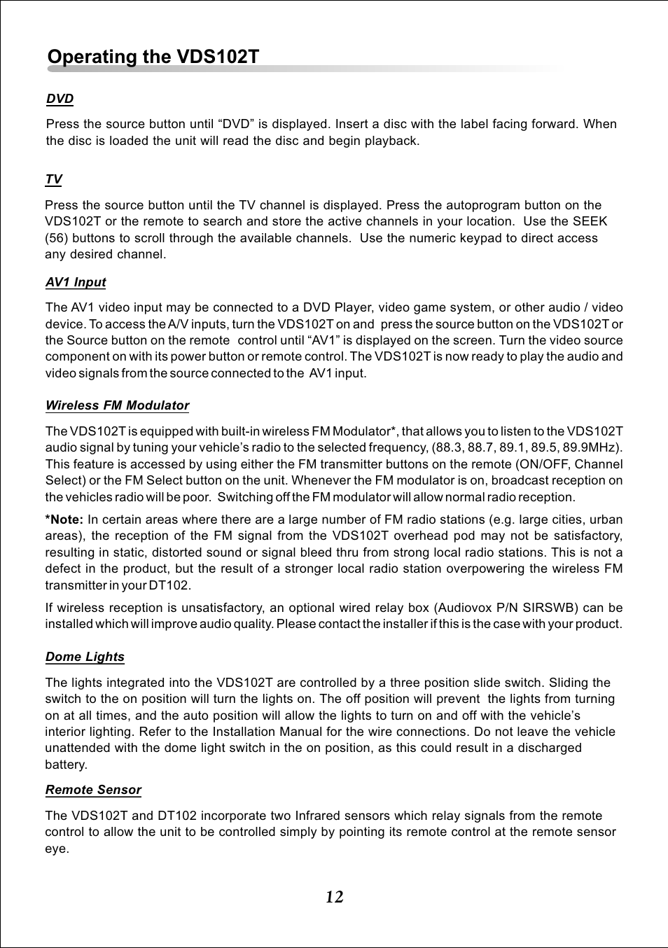 Operating the vds102t | Audiovox Video VDS102T User Manual | Page 12 / 16
