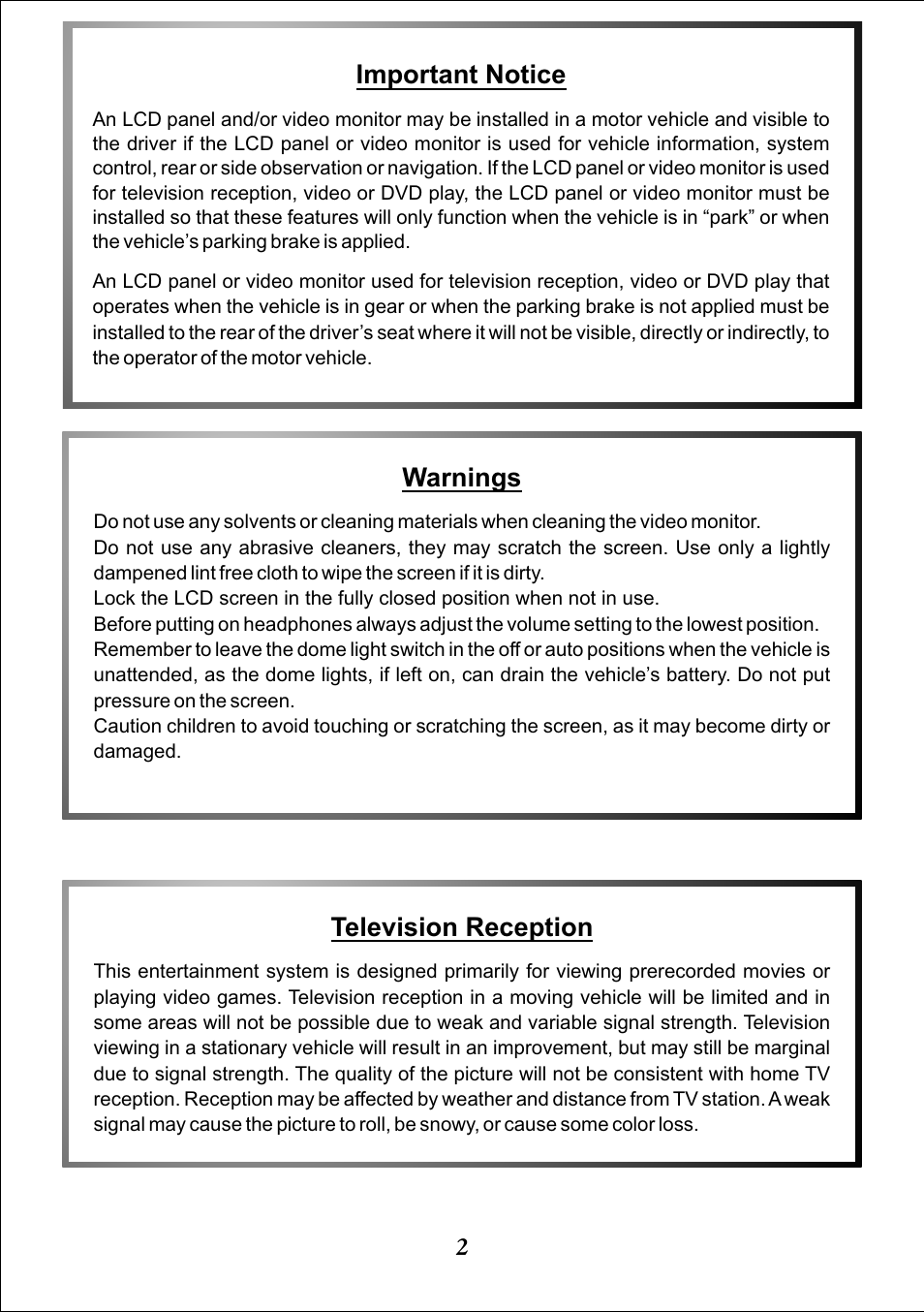Warnings, Television reception, Important notice | Audiovox Video VDS102T User Manual | Page 2 / 16