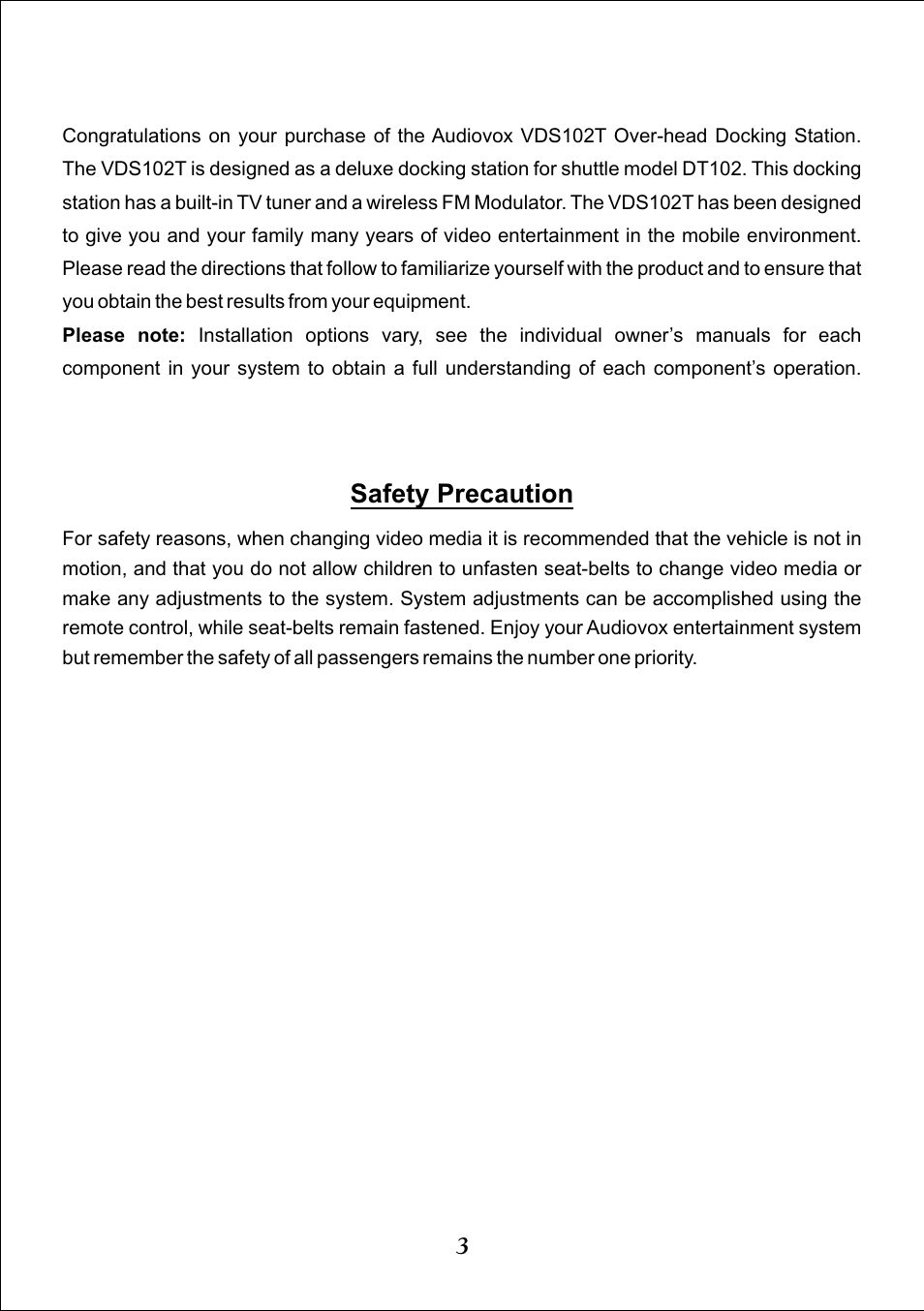 Safety precaution | Audiovox Video VDS102T User Manual | Page 3 / 16