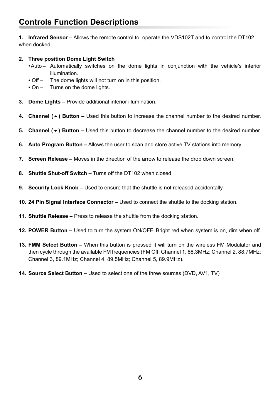 Controls function descriptions | Audiovox Video VDS102T User Manual | Page 6 / 16