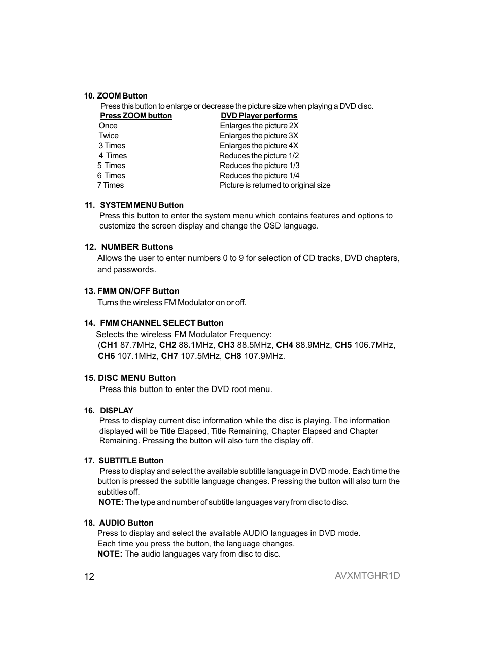 Audiovox AVXMTGHR1D User Manual | Page 12 / 28