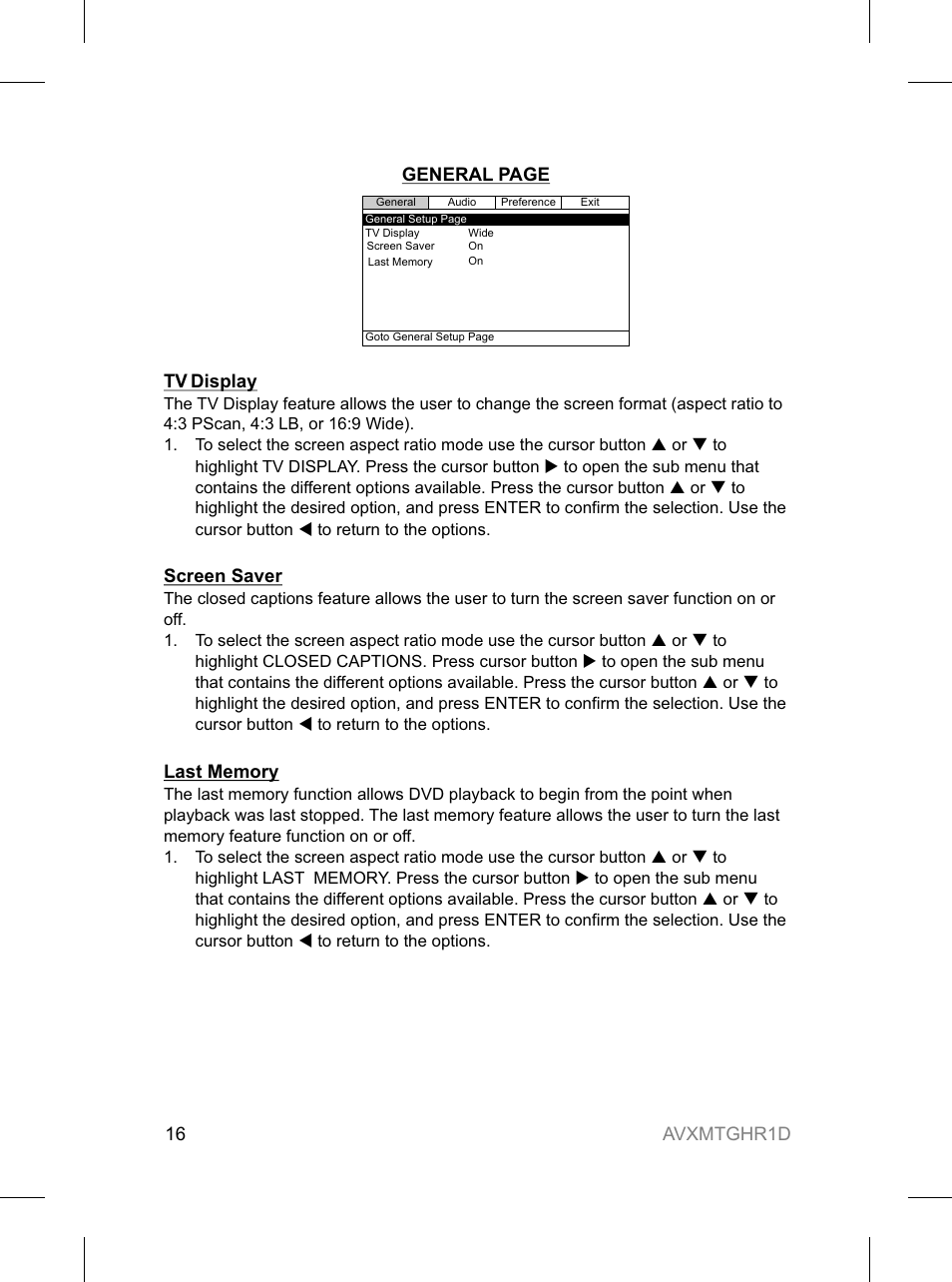 Avxmtghr1d 16 general page tv display, Screen saver | Audiovox AVXMTGHR1D User Manual | Page 16 / 28