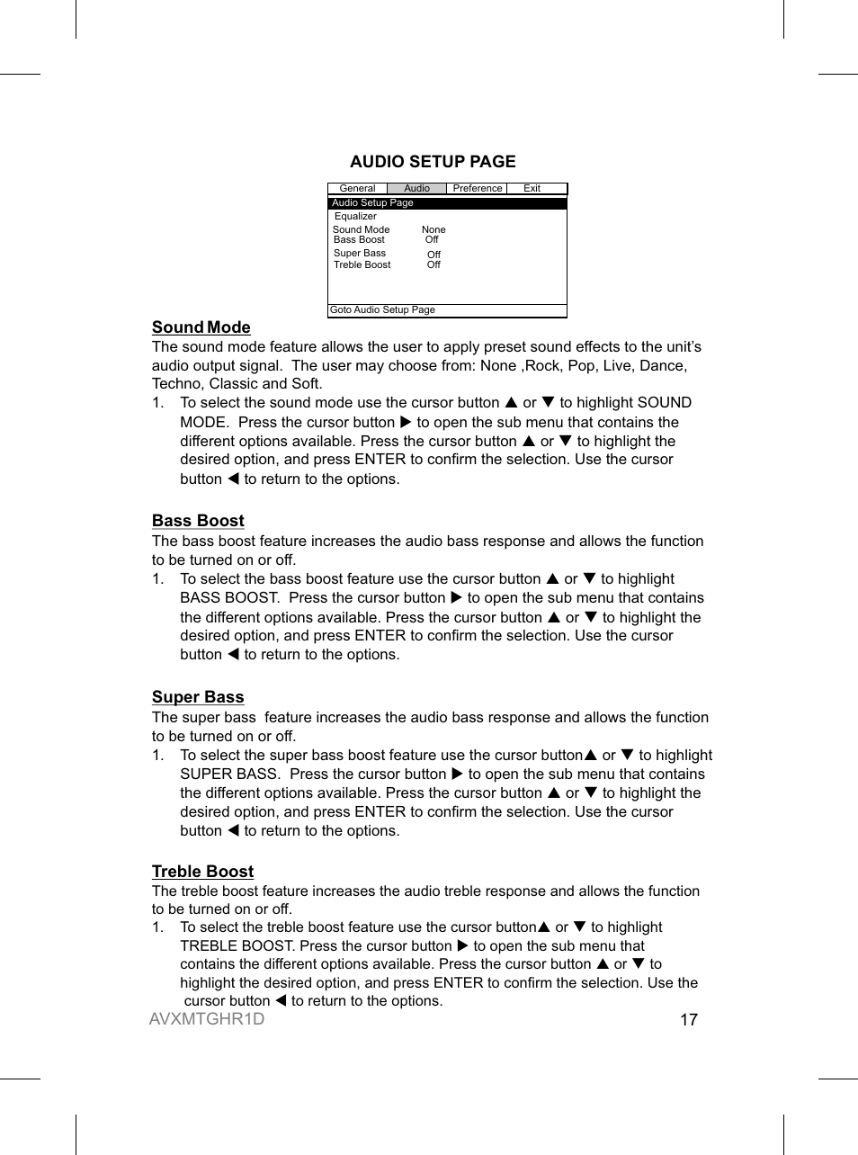 Audio setup page sound mode, Bass boost, Super bass | Treble boost, Avxmtghr1d 17 | Audiovox AVXMTGHR1D User Manual | Page 17 / 28