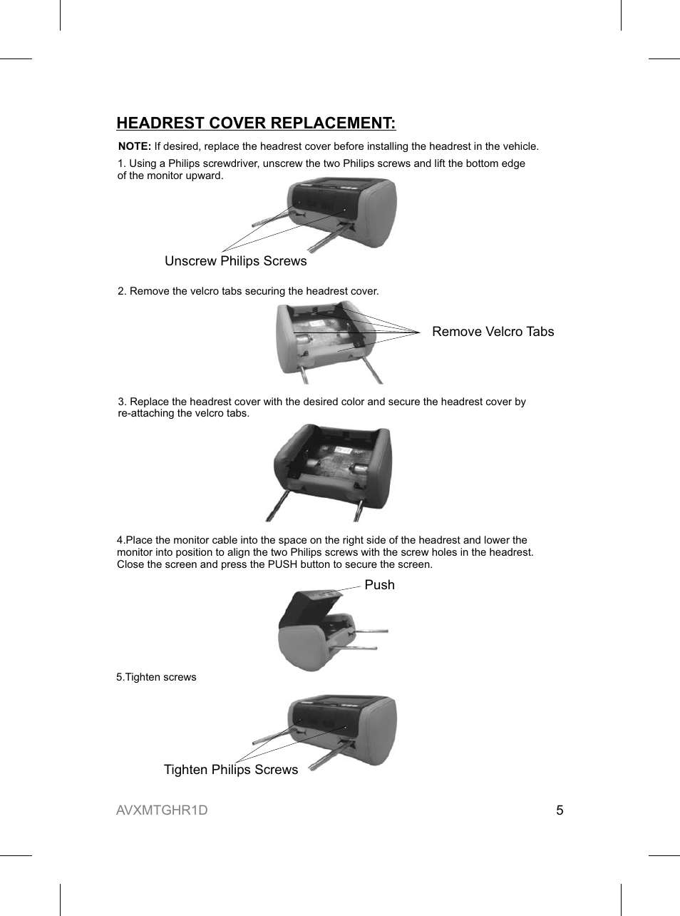 Headrest cover replacement | Audiovox AVXMTGHR1D User Manual | Page 5 / 28