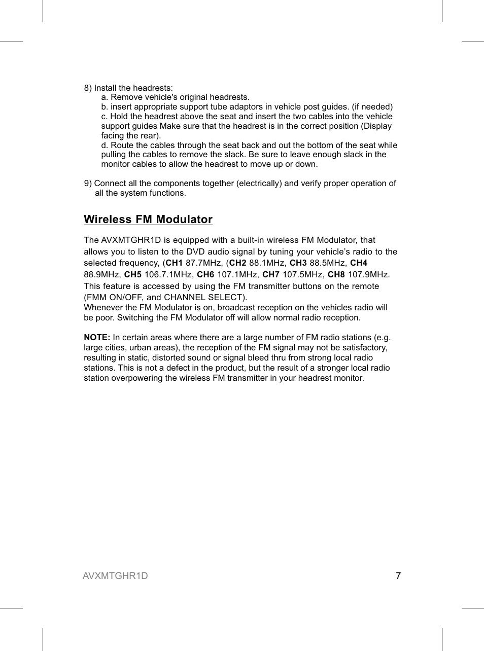 Wireless fm modulator | Audiovox AVXMTGHR1D User Manual | Page 7 / 28