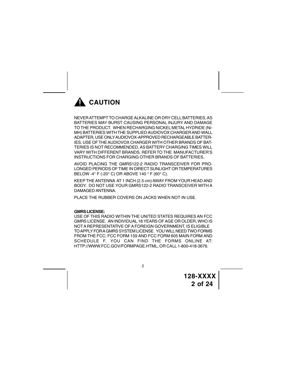 Caution | Audiovox GMRS100 User Manual | Page 2 / 24