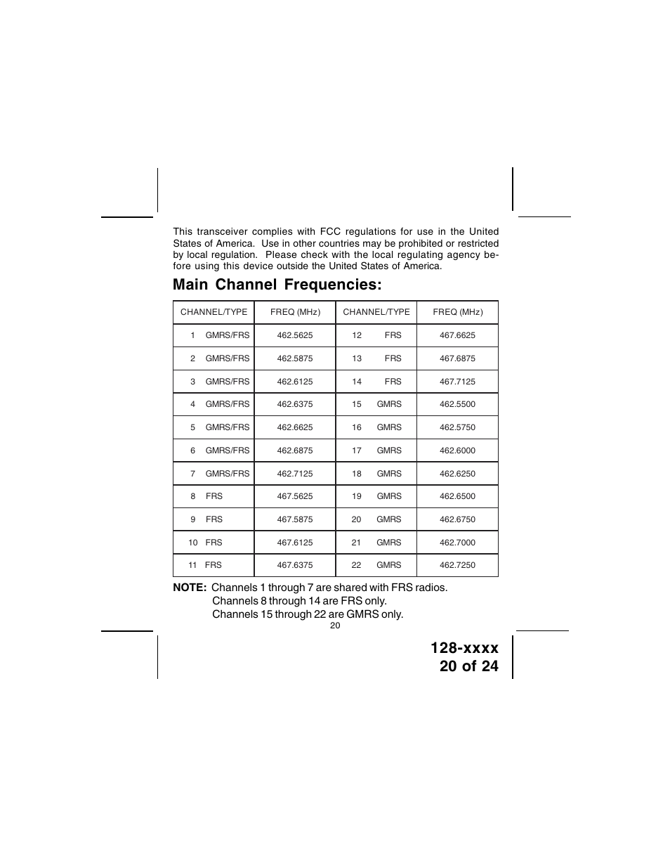 Main channel frequencies | Audiovox GMRS100 User Manual | Page 20 / 24