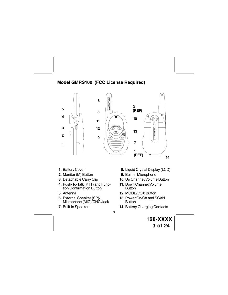 Model gmrs100 (fcc license required) | Audiovox GMRS100 User Manual | Page 3 / 24