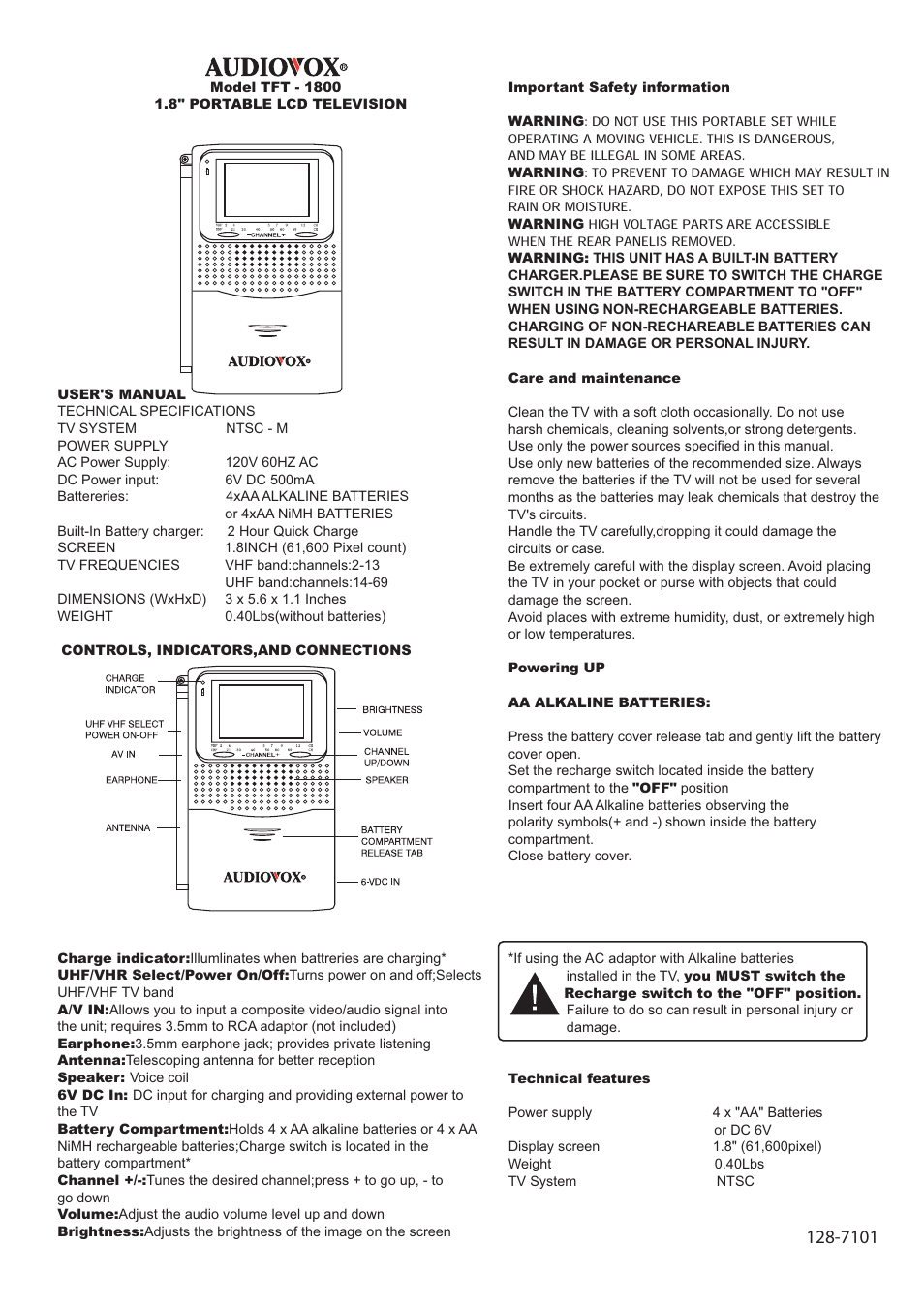 Audiovox TFT - 1800 User Manual | 2 pages