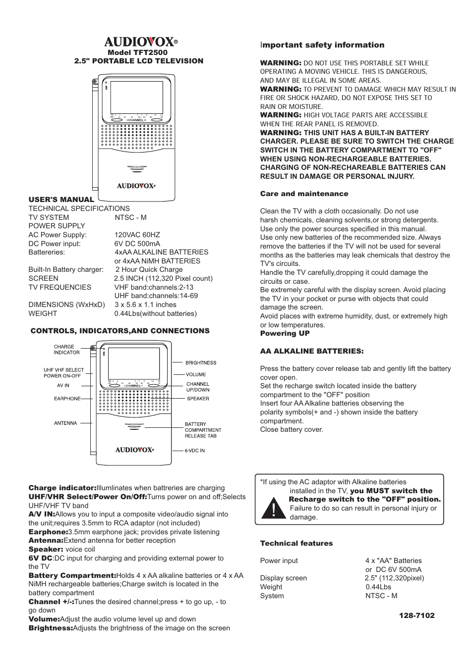 Audiovox TFT2500 User Manual | 2 pages