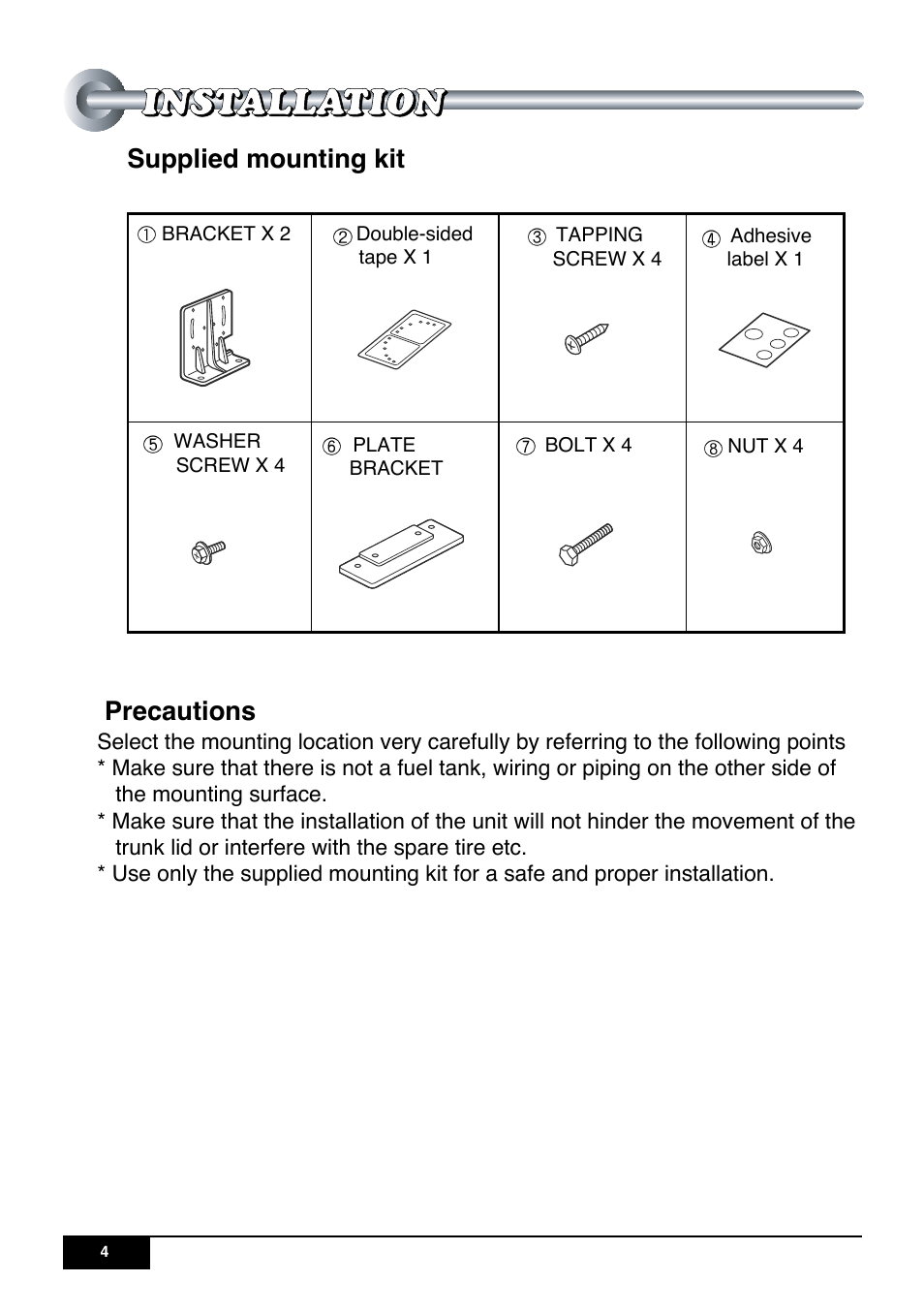 Precautions, Supplied mounting kit | Audiovox PAV-6CDP User Manual | Page 5 / 11