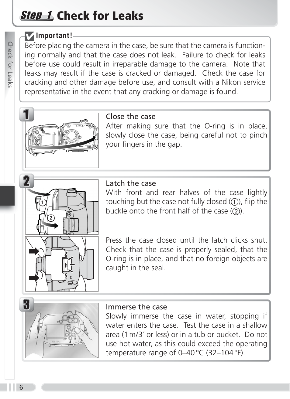 Check for leaks | Nikon WP-CP4 Coolpix 5900-7900 User Manual | Page 14 / 80