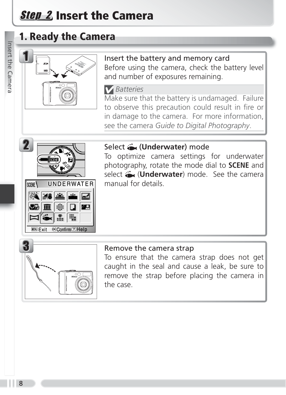 Insert the camera, Ready the camera | Nikon WP-CP4 Coolpix 5900-7900 User Manual | Page 16 / 80